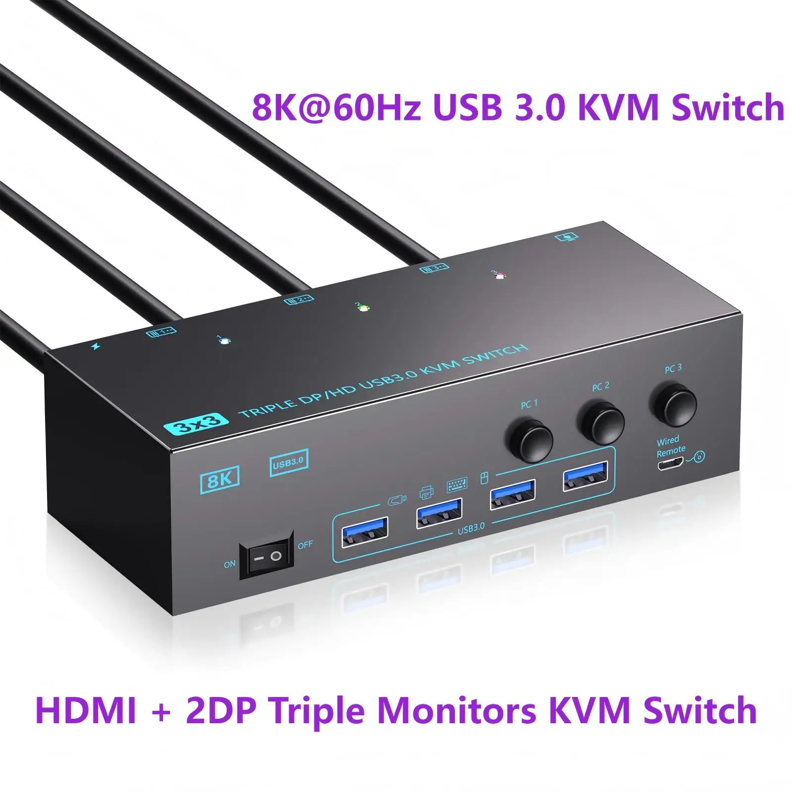 Conmutador KVM USB 3,0, conmutador KVM HDMI DP Aimos 8K @ 60Hz, KCEVE 3 monitores 3 ordenadores monitores triples interruptores KVM con 4 puertos USB3.0