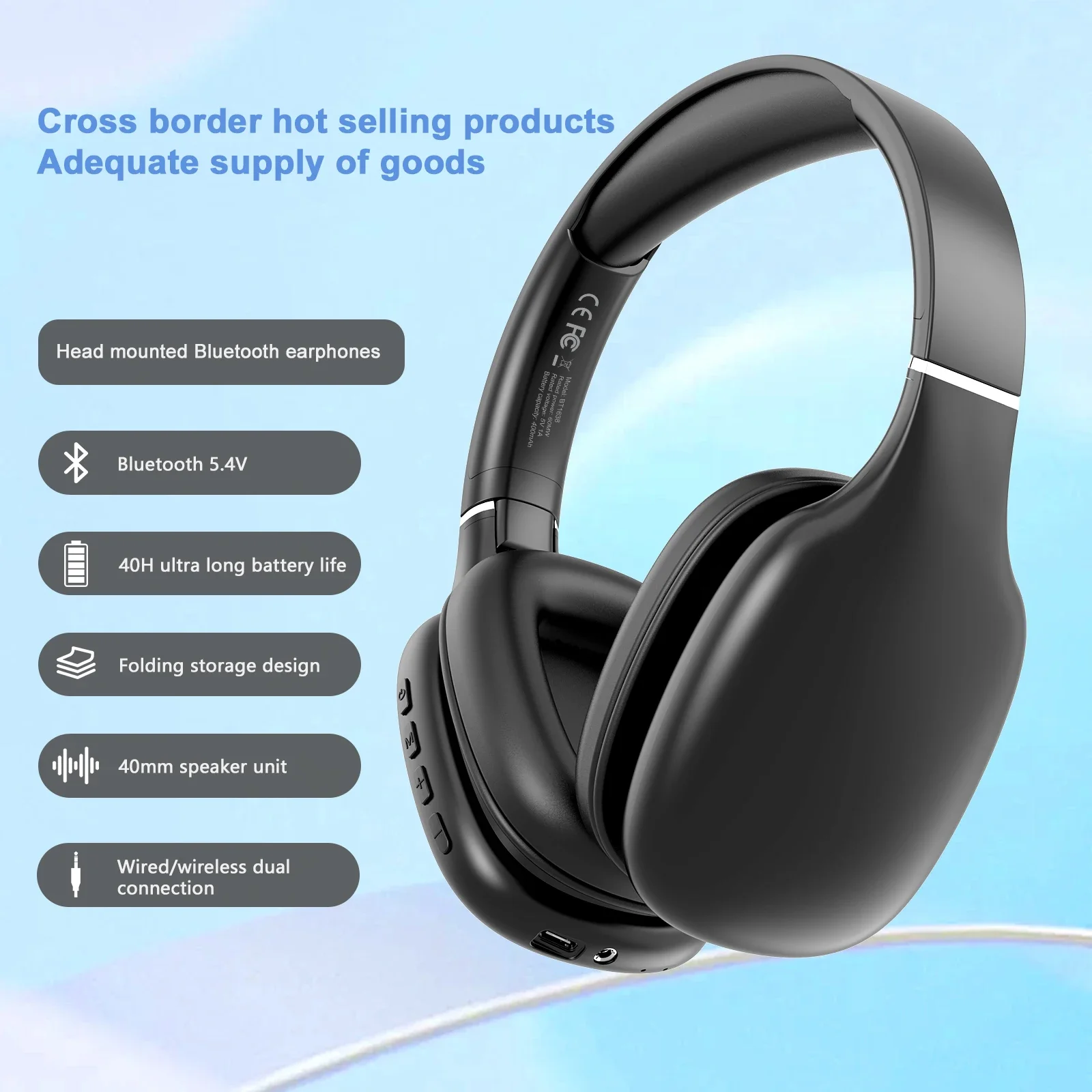 Auriculares Bluetooth inalámbricos con cable para juegos con micrófono de reducción de ruido 40H de tiempo de trabajo auriculares sobre la oreja - imagen 4