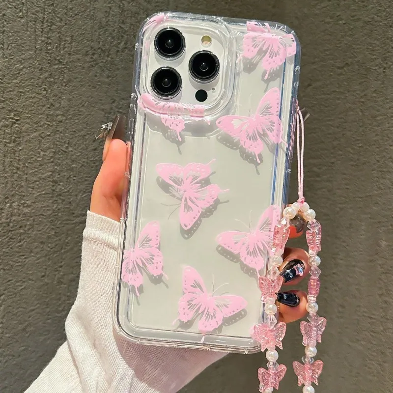 Funda de teléfono con diseño de mariposa para iPhone 17 Air 16 15 14 13 12 11 Pro Max 16E X XR XS Max 7 8 Plus, funda transparente con cordón - imagen 3