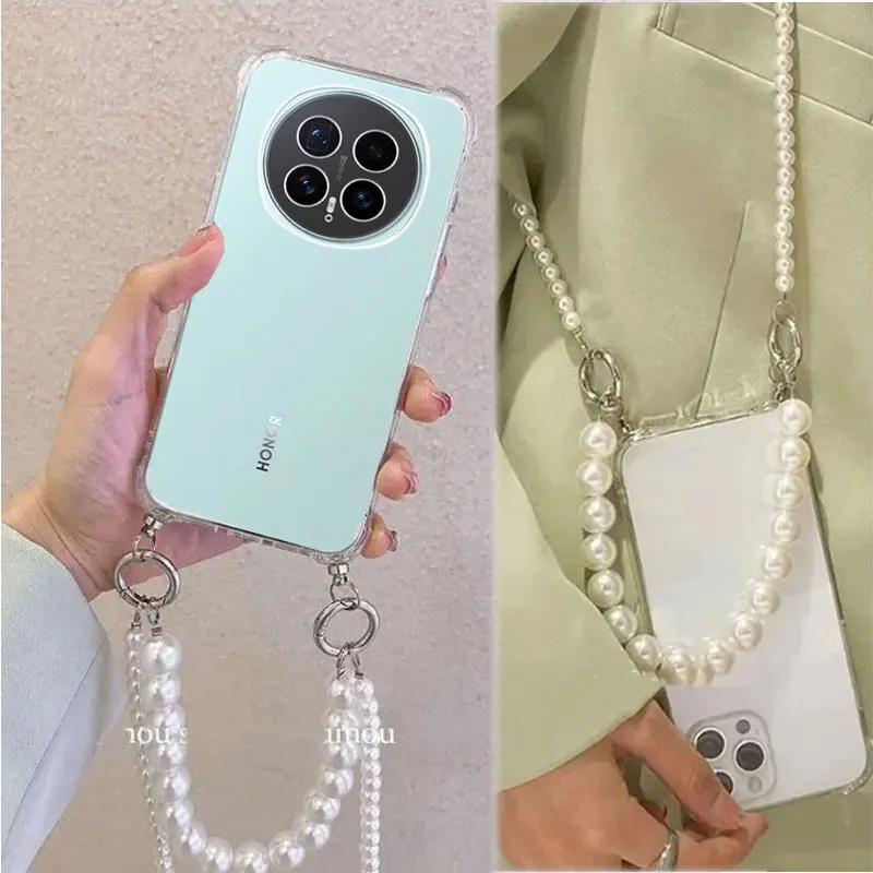 Para Honor Magic 8 Pro Magic8 Lite funda con cadena de perlas cordón cruzado collar funda de teléfono para Honor Magic 8 funda suave a prueba de golpes