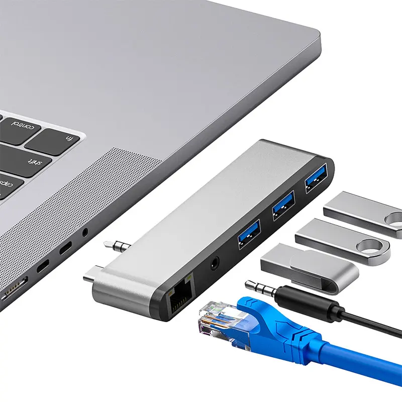 Estación de acoplamiento de escritorio con 3 puertos, concentrador de puertos USB tipo C 3, 0, 100/1000 Mbps, RJ45, lector de tarjetas de Audio para Macbook Pro 2021