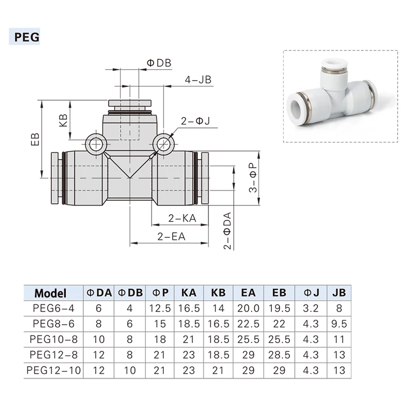 Conector rápido de enchufe rápido de diámetro Variable de tres vías recto neumático blanco PG6-4 PEG8-6 PW10-8 Accesorio neumático - imagen 4
