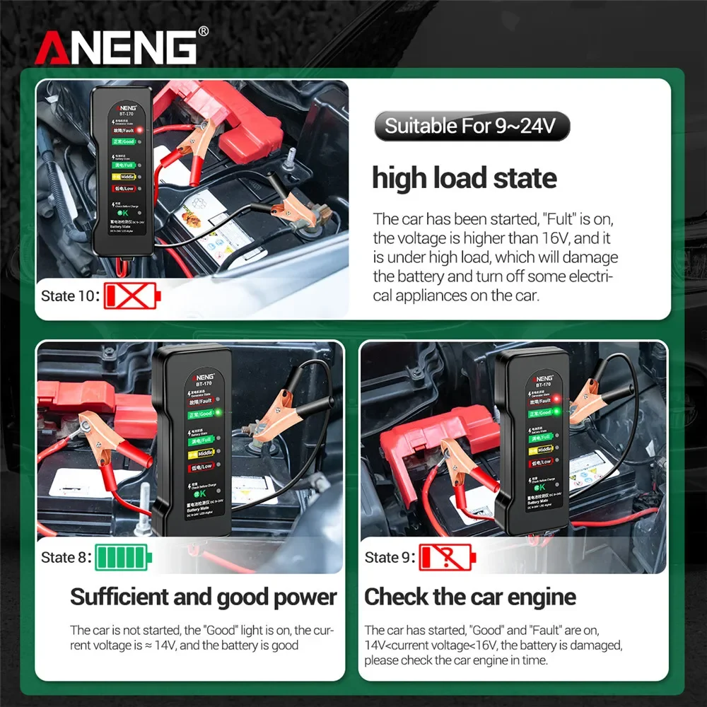 ANENG BT-170 12V probador de batería de vehículo comprobador de alternador analizador de pantalla LED probador de carga de batería herramienta de verificación de arranque de carga - imagen 5