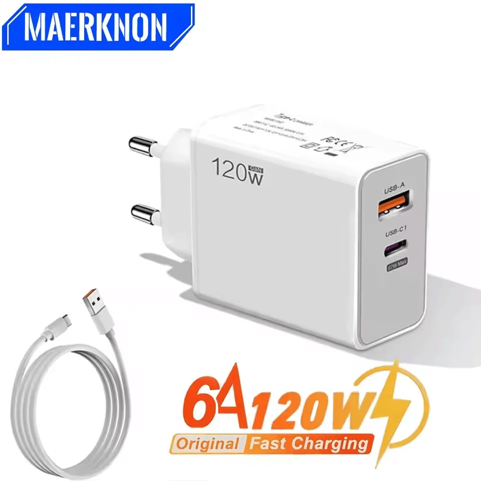 Cargador USB GaN de 120W, carga rápida QC3.0, Cable USB tipo C, adaptador de cargador de teléfono para iPhone 15, Samsung, Xiaomi, Huawei, cargador de pared