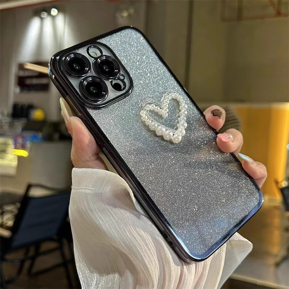 Funda de teléfono con purpurina y corazón de amor y perlas 3D para Samsung S25 S24 S23 Ultra S21 S22 Plus S20 FE S10, funda trasera de silicona suave a prueba de golpes - imagen 5