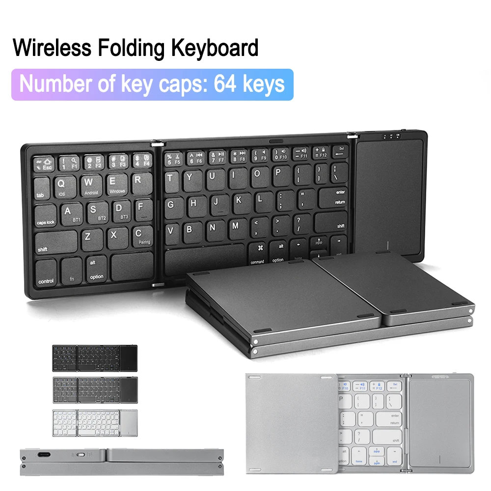 Teclado plegable inalámbrico Compatible con Bluetooth, teclado táctil de 64 Teclas tipo C para ordenador portátil, Windows, Android, tableta y teléfono