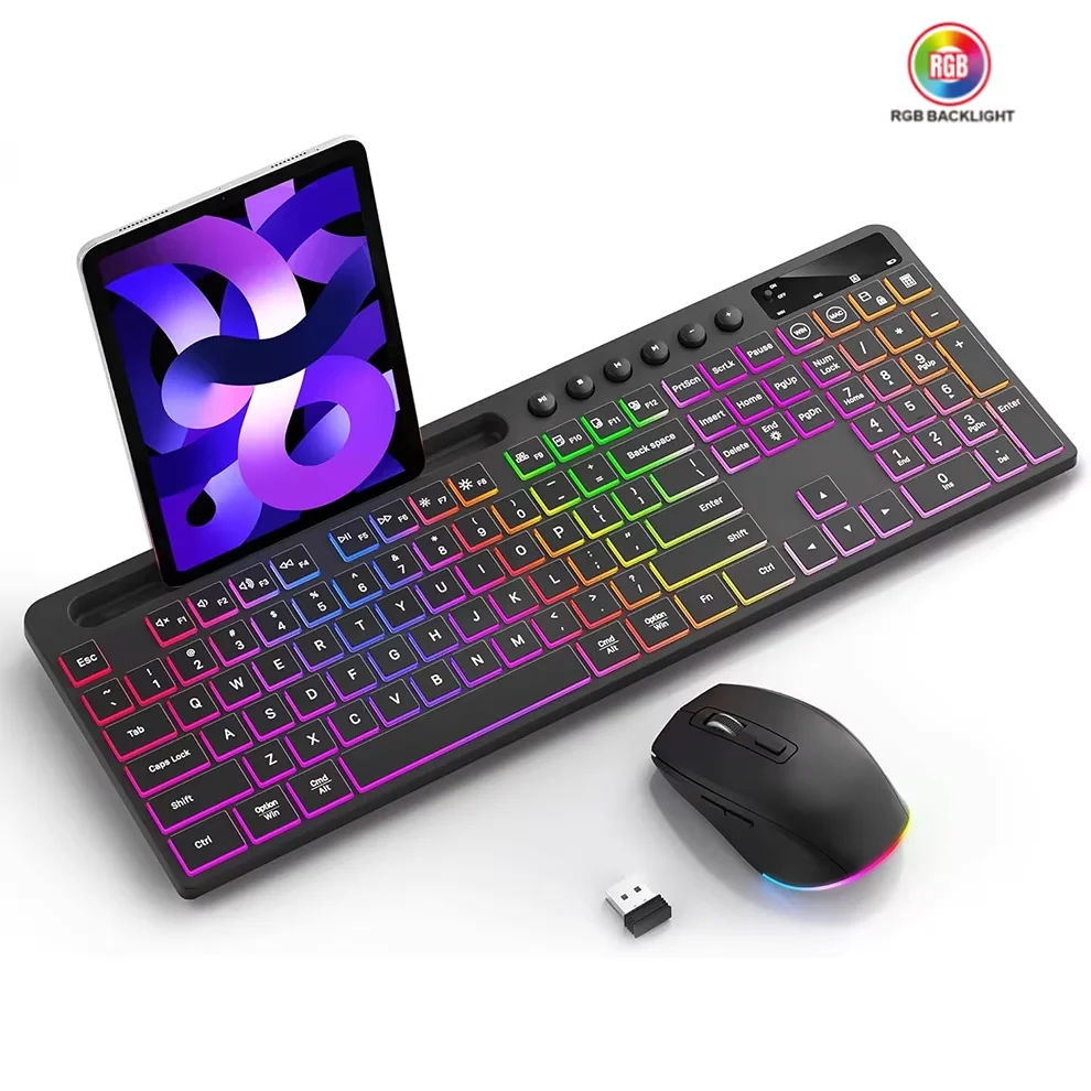 Combo de teclado y ratón inalámbricos con teclado ergonómico retroiluminado de tamaño completo con soporte para tableta y teléfono ratón 2,4G para PC y portátil - imagen 2