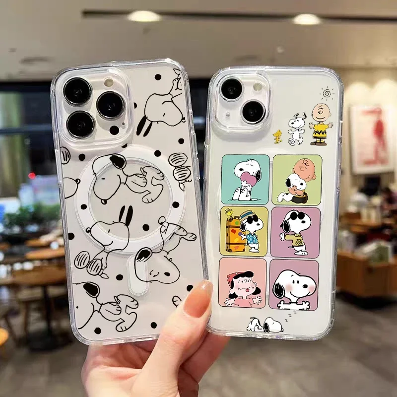Lindo Y2K línea negra Snoopy con funda Magsafe para Iphone 16 Pro Max 16E 11 12 13 14 15 Pro Max 12 13 Mini 16 Plus cubierta magnética - imagen 3