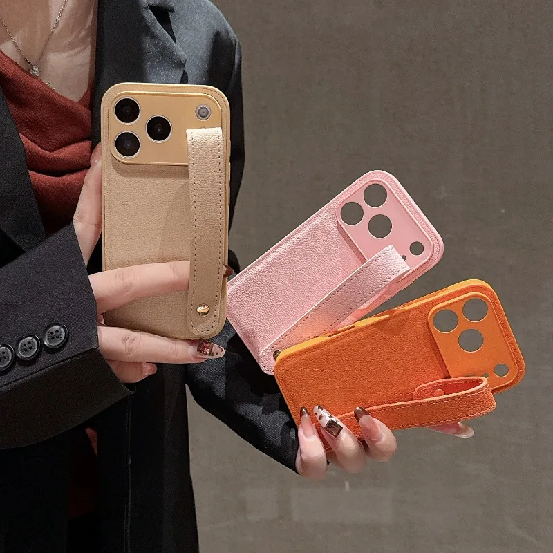Para Iphone 17 Pro Max Air soporte de cuero correa de muñeca funda para IPhone17 16 15 14 13 12 11 Pro Max Plus funda con soporte