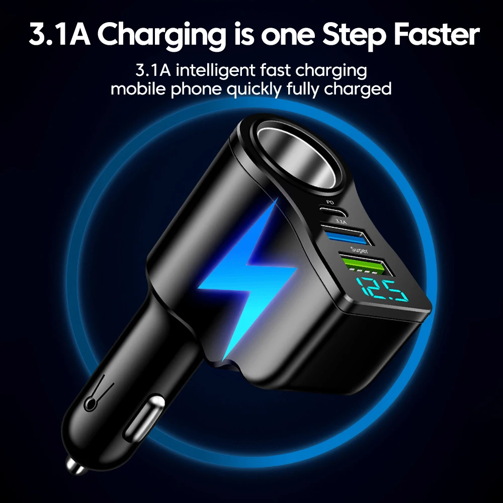 Cargador de coche 4 en 1 de 66W, pantalla Digital LED de carga rápida, adaptador de cargador de teléfono para coche QC3.0 para iphone, samsung, huawei, xiaomi - imagen 4