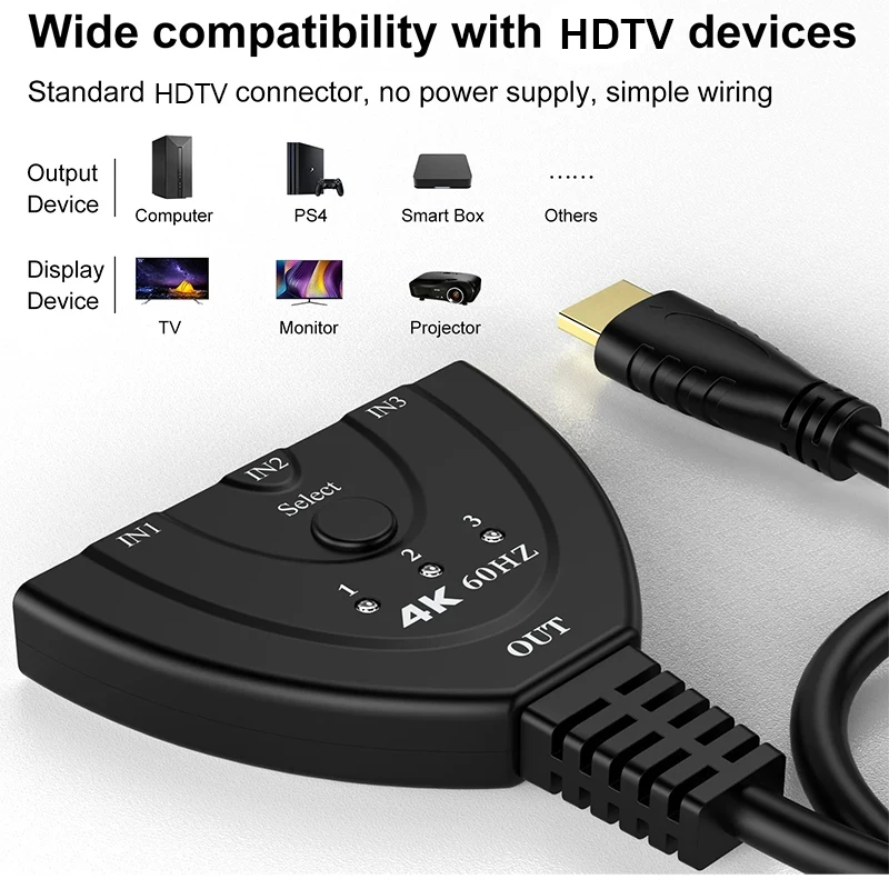 Conmutador HDMI 3 Puertos 4K 60Hz Mini Switch PS4 Xbox HDTV - imagen 3