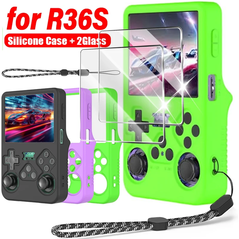 Funda + vidrio para R36S, funda protectora de silicona suave con cordón y protectores de pantalla de vidrio templado, película antiarañazos a prueba de golpes - imagen 2