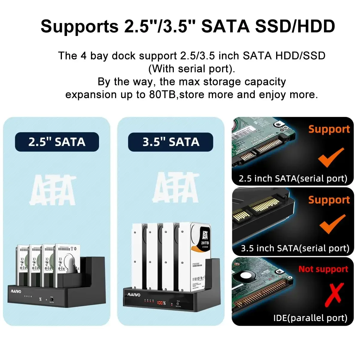 MAIWO Estación de acoplamiento HDD de 4 bahías SATA a USB3.0 Caja para SSD/HDD de 2,5 ''/3,5'' con pantalla digital Soporte clon sin conexión - imagen 4
