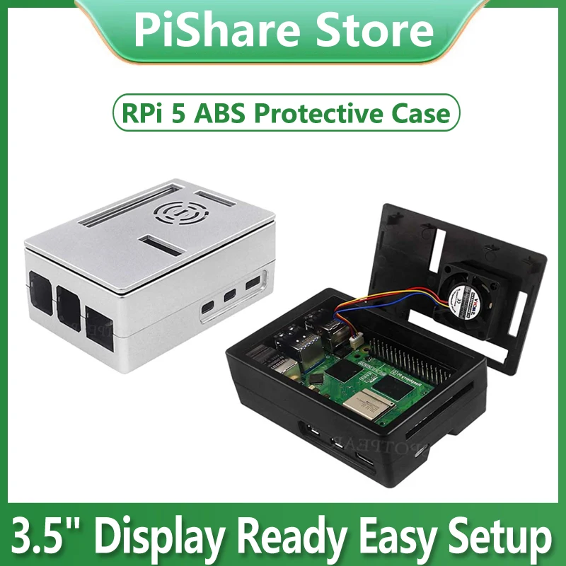 Raspberry Pi 5 Caja ABS Pantalla de 3,5 pulgadas Orificio para ventilador Compatible Multiusos con cubierta extraíble y soporte para ventilador
