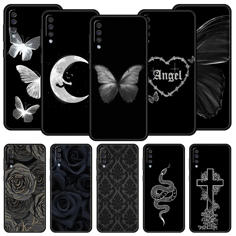 Funda de teléfono con labio negro de estilo gótico para Samsung A54 A52 A24 A14 A50 A70 A40 A20S A20E A06 A12 A22 A34 A42 A32 5G A04s A16