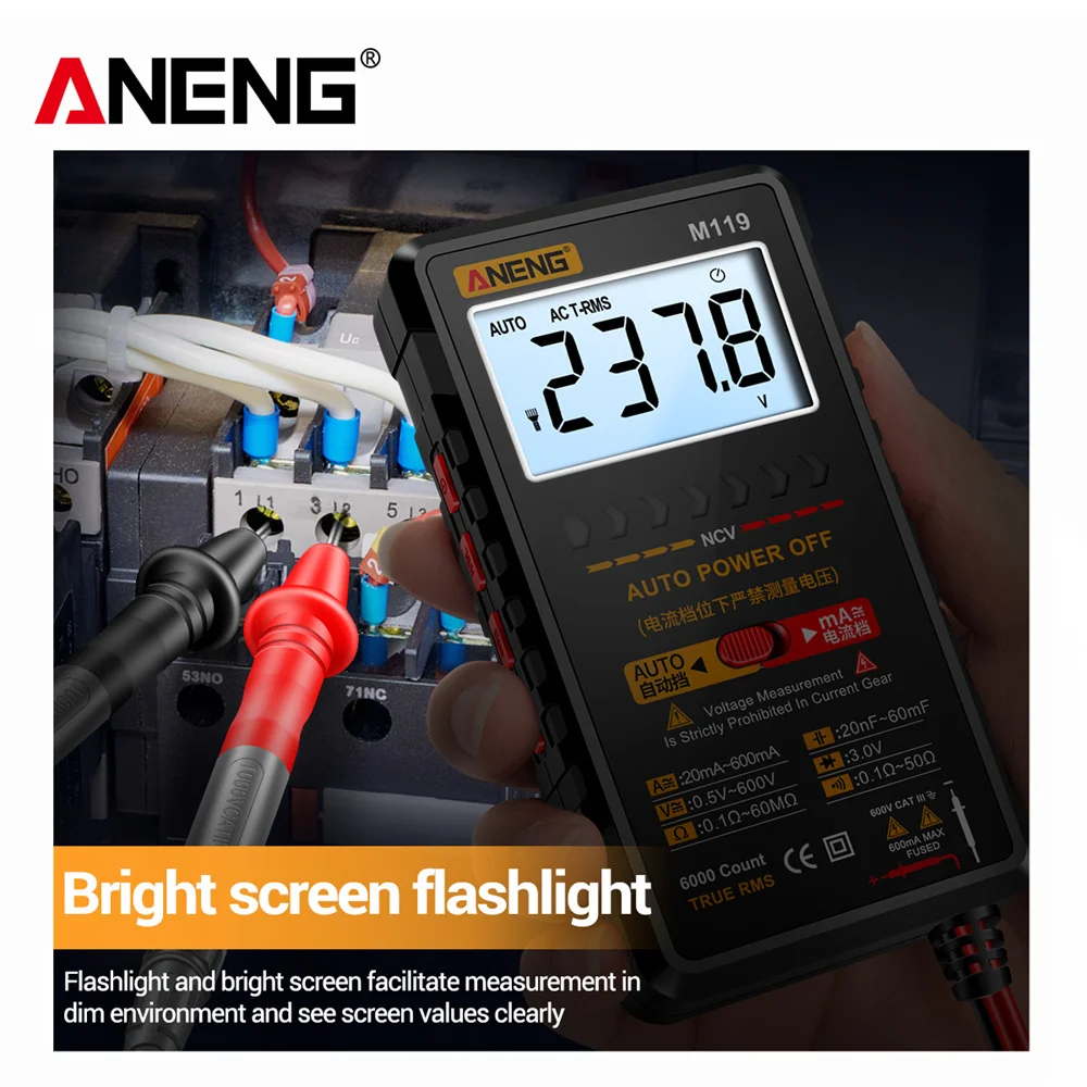 ANENG M119 multímetro Digital probador 6000 recuentos voltaje CA CC medidor de condensador de Transistor de corriente CC con linterna de retención de datos NCV - imagen 3