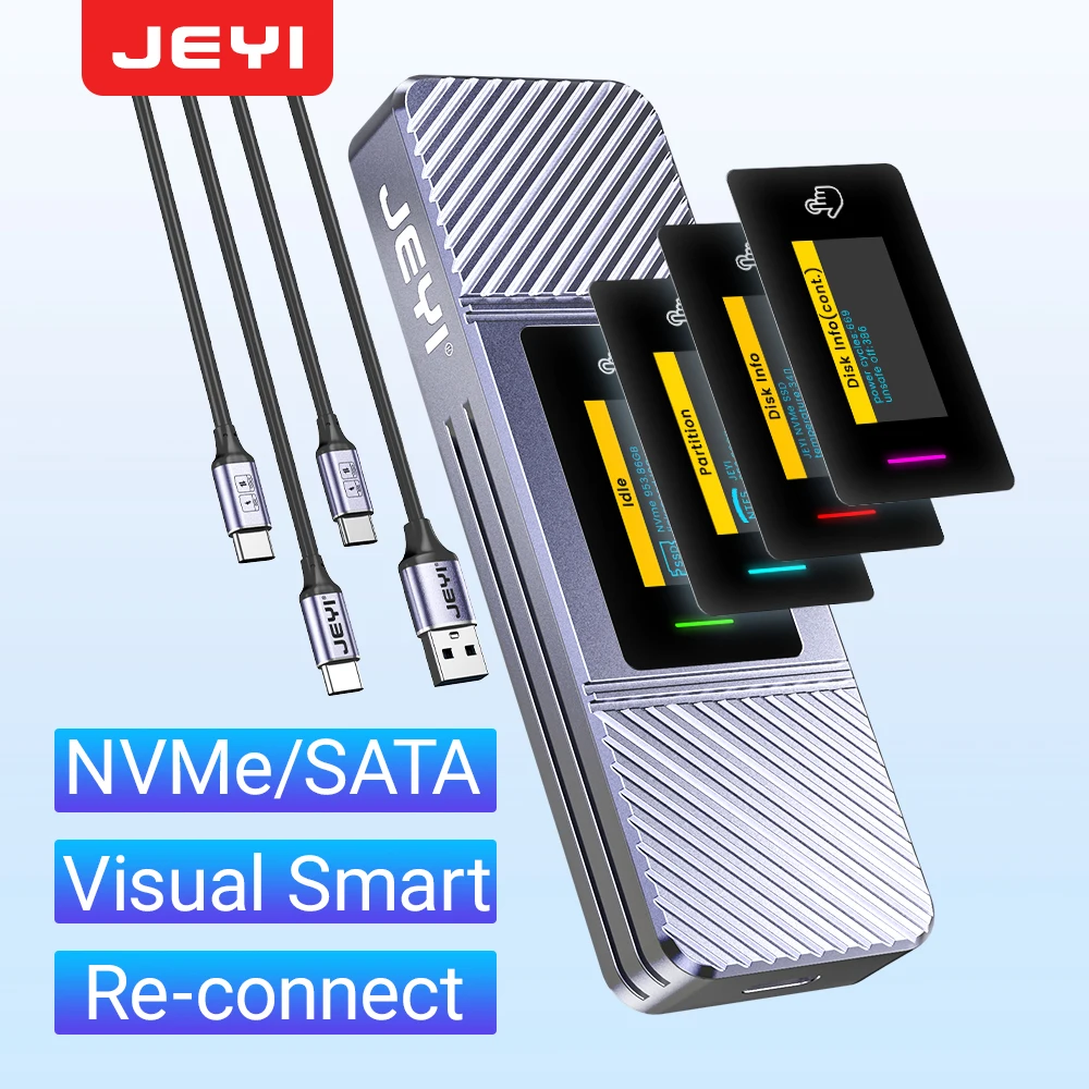 JEYI Visual Smart M.2 2280 NVMe/SATA Enclosure-5s Protección de escritura y 3s Reconexión automática USB 3,2 10Gbps Soporte UASP/TRIM