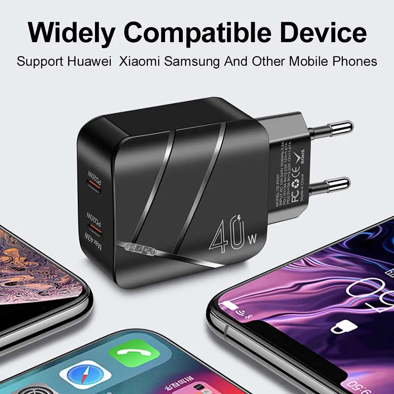 Cargador USB tipo C PD de 40W, adaptador de 2 puertos para iPhone 14, 13, 12, Xiaomi, Samsung, Huawei, QC 3,0, carga rápida - imagen 5