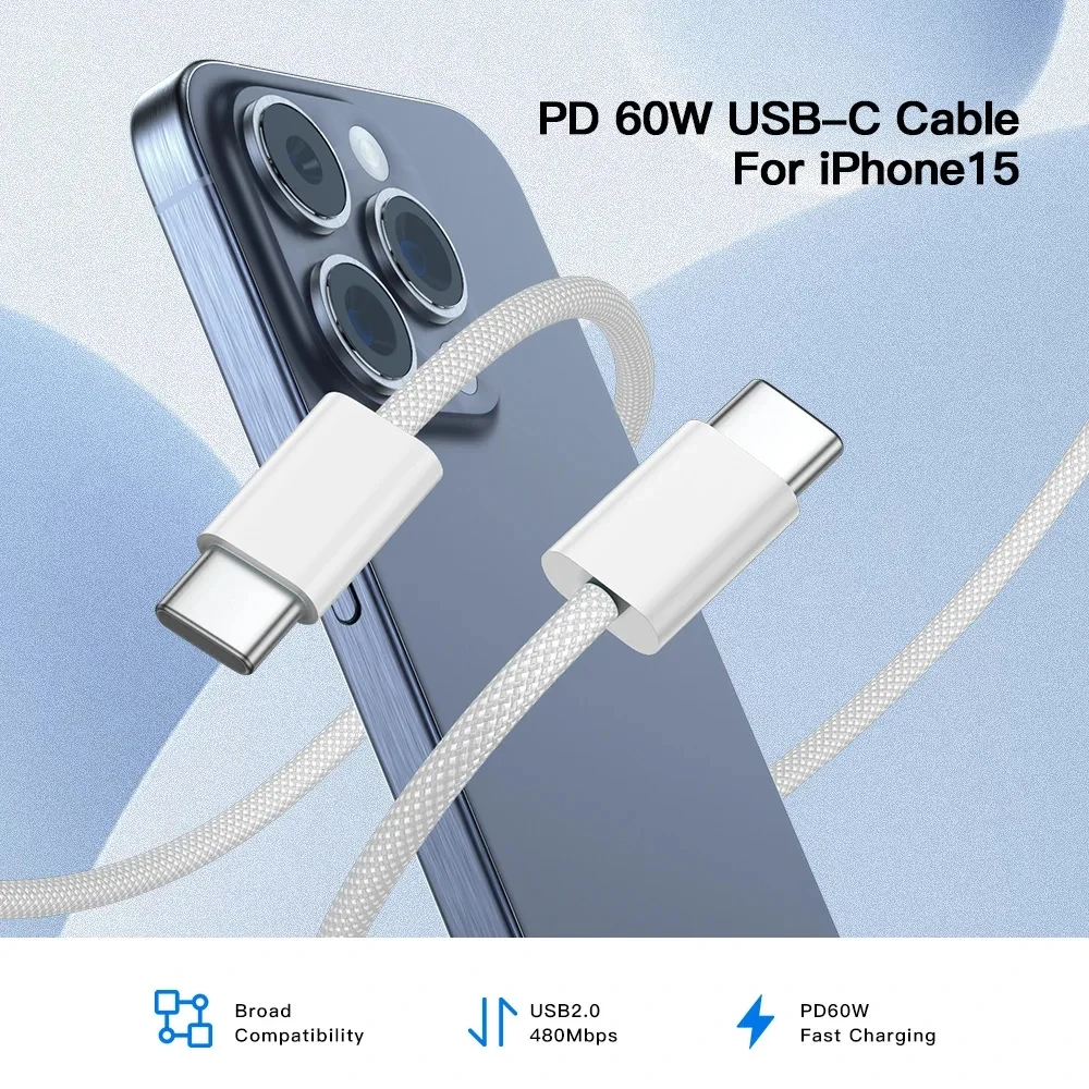 Cable trenzado de carga rápida PD 60W Dual USB-C para iPhone 15 16 Pro Max 15 16 Plus Cable de cargador rápido tipo C a tipo C con caja - imagen 2