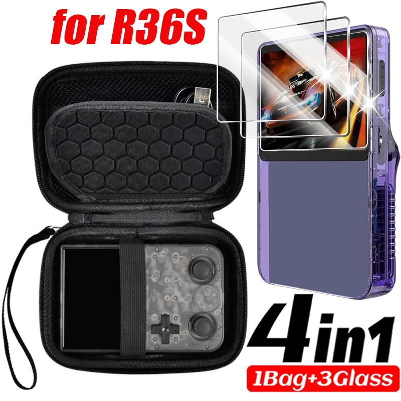 Bolsa 4 en 1 + películas para consola de juegos R36S, estuche de almacenamiento con cordón de vidrio templado para Protector de pantalla R36S, Kit antiarañazos