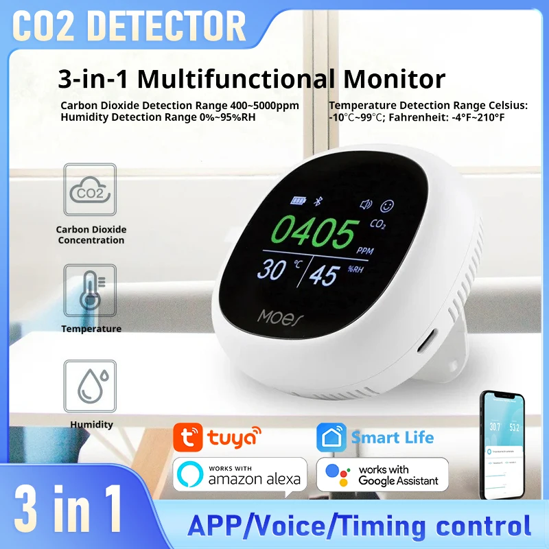 Monitor inteligente de calidad del aire con Bluetooth Tuya 3 en 1, Detector de CO2 con Control remoto por aplicación/voz con Sensor de temperatura y humedad