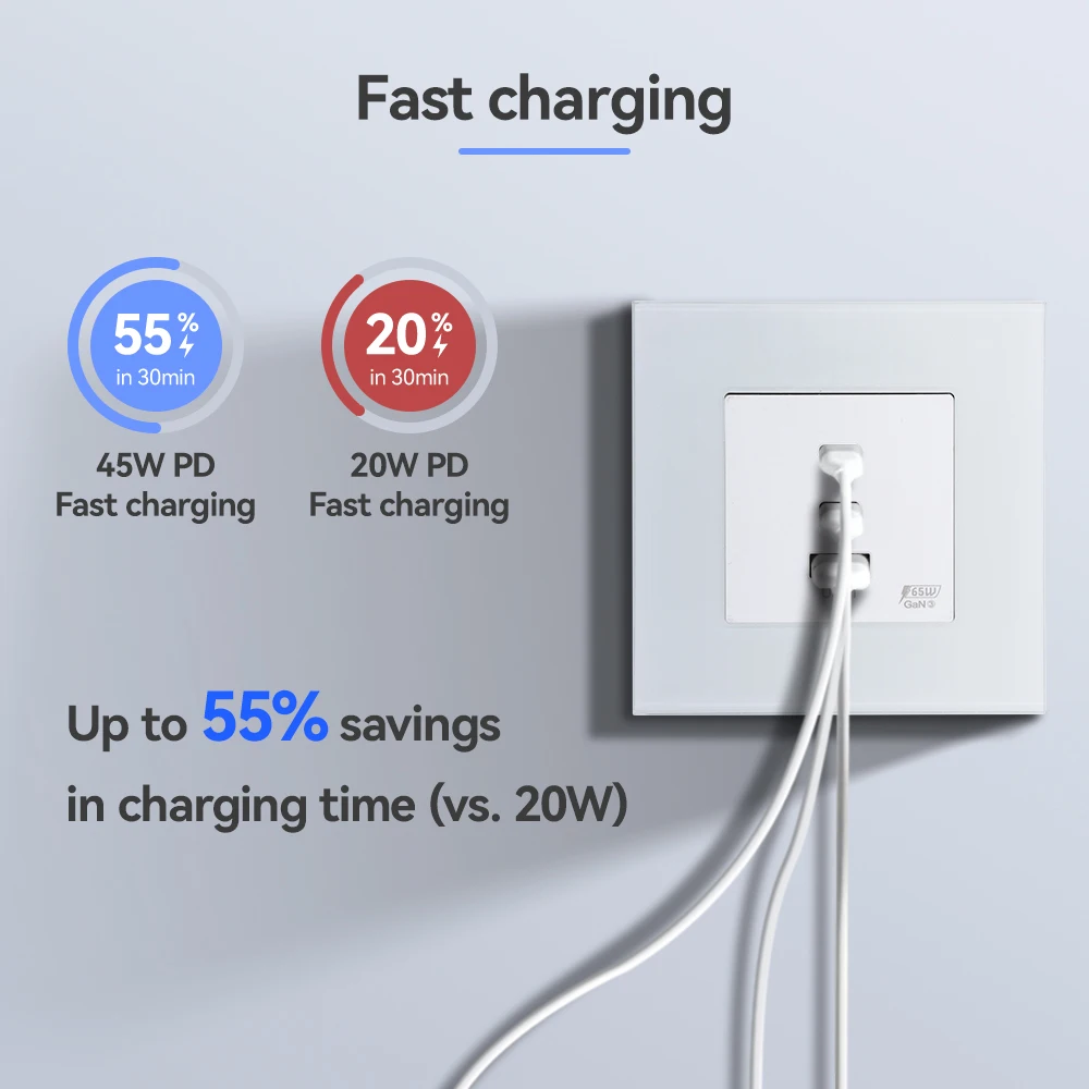 Toma de corriente BSEED, tomas de corriente más puertos de carga rápida USB tipo c duales, marco de vidrio de 65W 3A, pared estándar de la UE integrada - imagen 4