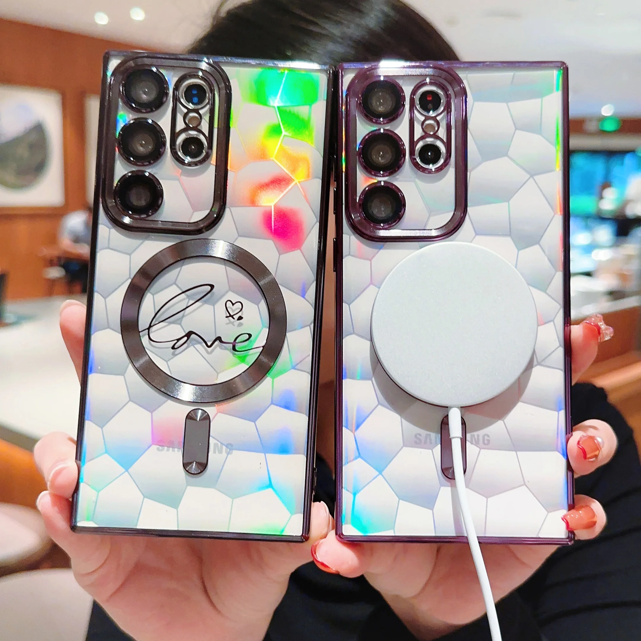 Funda magnética Magsafe transparente de lujo para Samsung Galaxy S23, S22 Ultra Plus, S21, lente geométrica holográfica, protección de parachoques suave - imagen 2