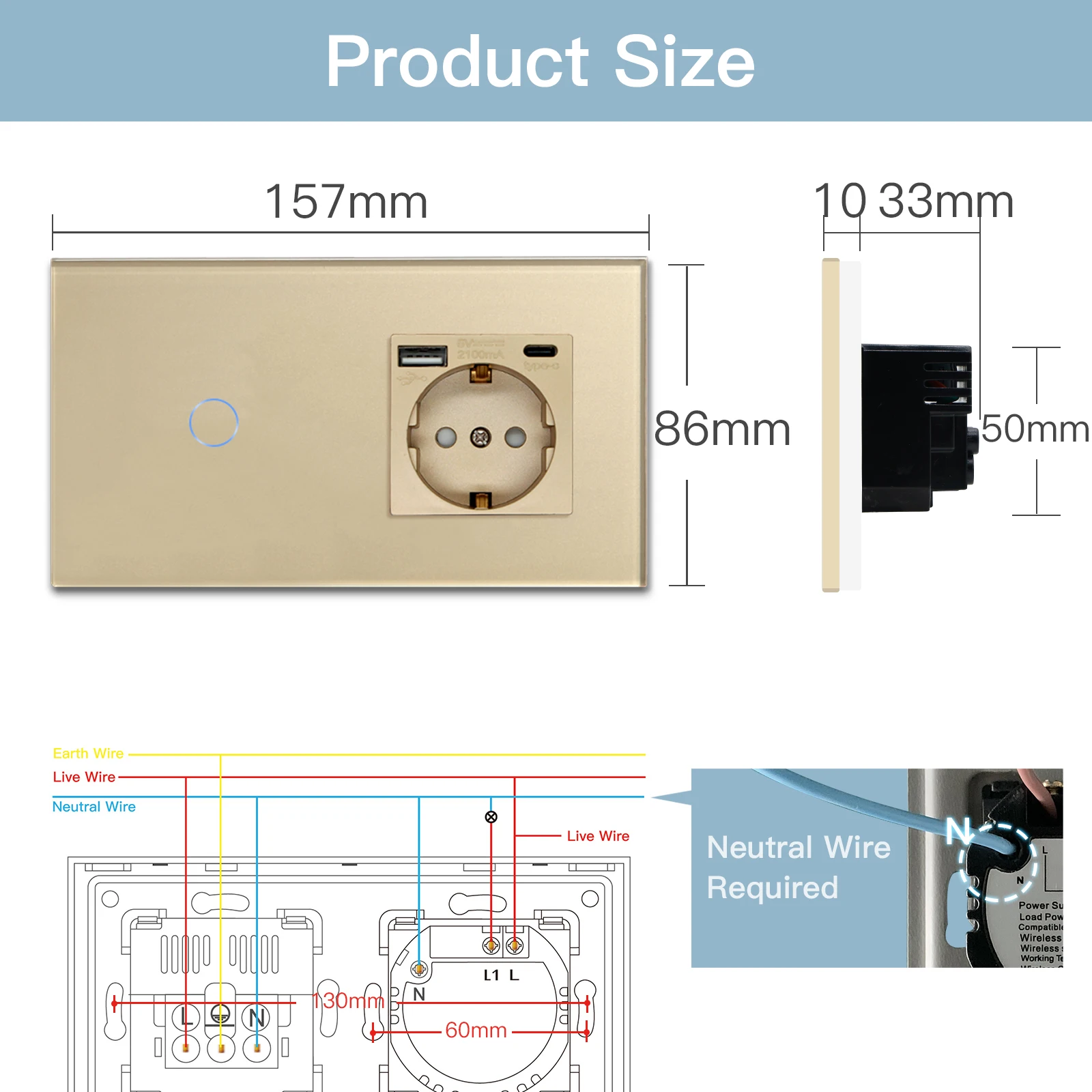 BSEED Wifi 1/2/3 interruptores táctiles de pared 1/2/3 vías más tomas de corriente Tuya Smart Life Alice Control Panel de vidrio estándar de la UE - imagen 5