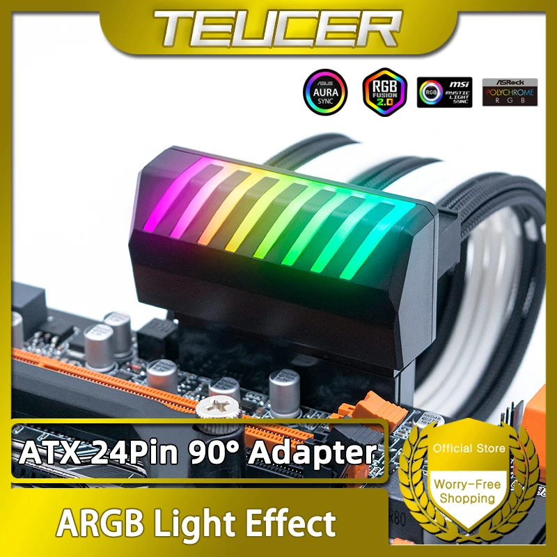 Adaptador TEUCER ATX de 24 pines, adaptador ARGB de 90 grados para placa base de PC de escritorio, accesorios de ordenador DIY