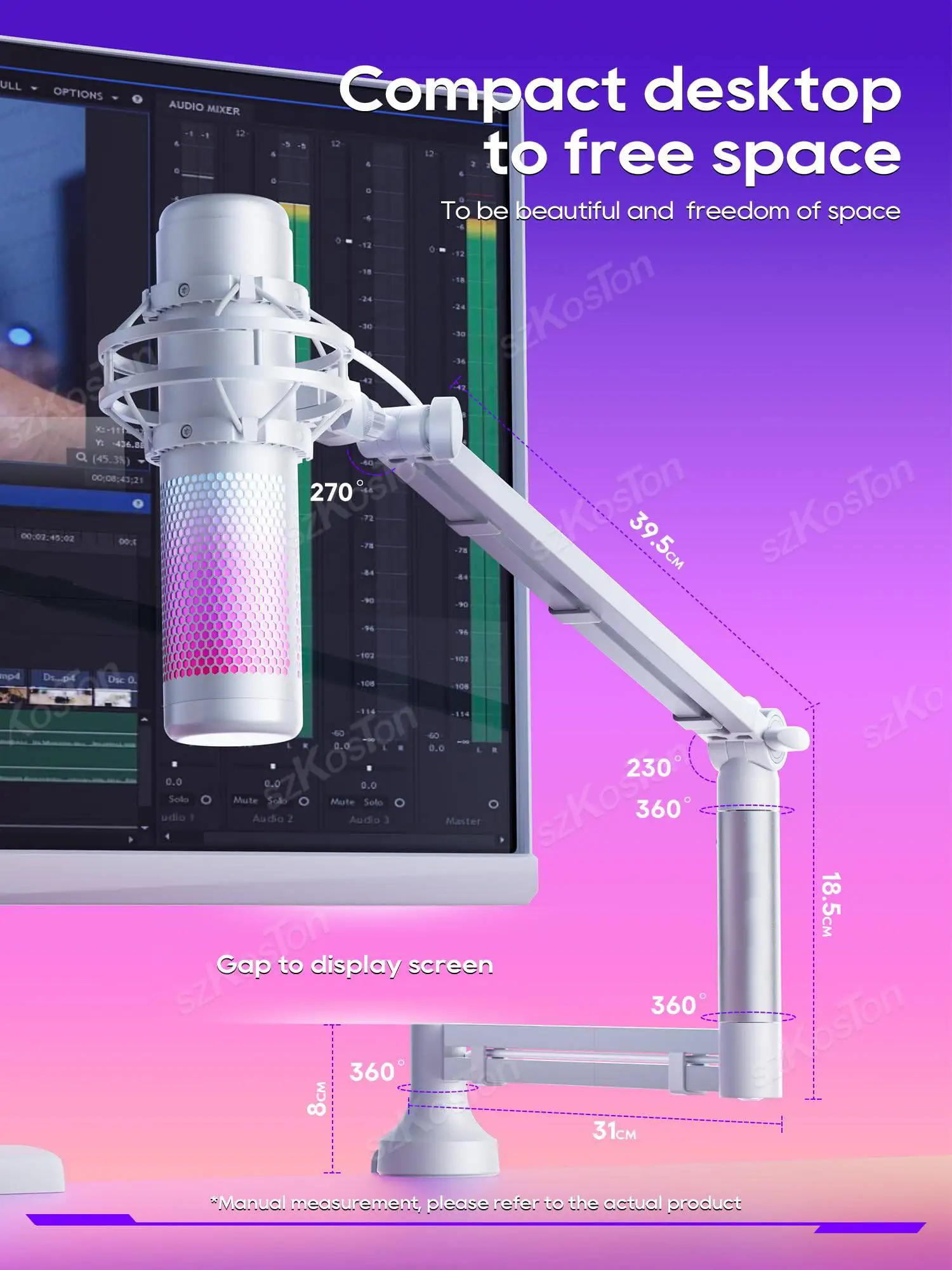 Soporte de micrófono ajustable con elevador extendido y gestión de cables brazo de soporte de micrófono de perfil bajo de escritorio para micrófono AM8 K688 A6V - imagen 2