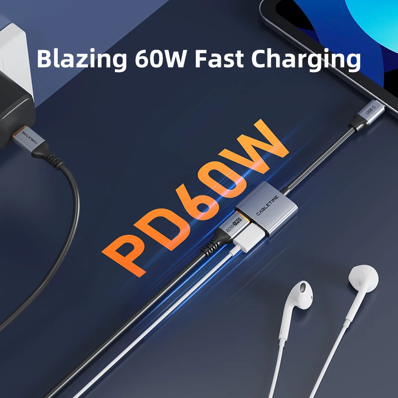 CABLETIME USB C a Dual USB C Adaptador de cargador y auriculares 2 en 1 PD 60W Cargador rápido Adaptador de aluminio Hi-Fi para IPhone HUAWEI - imagen 5