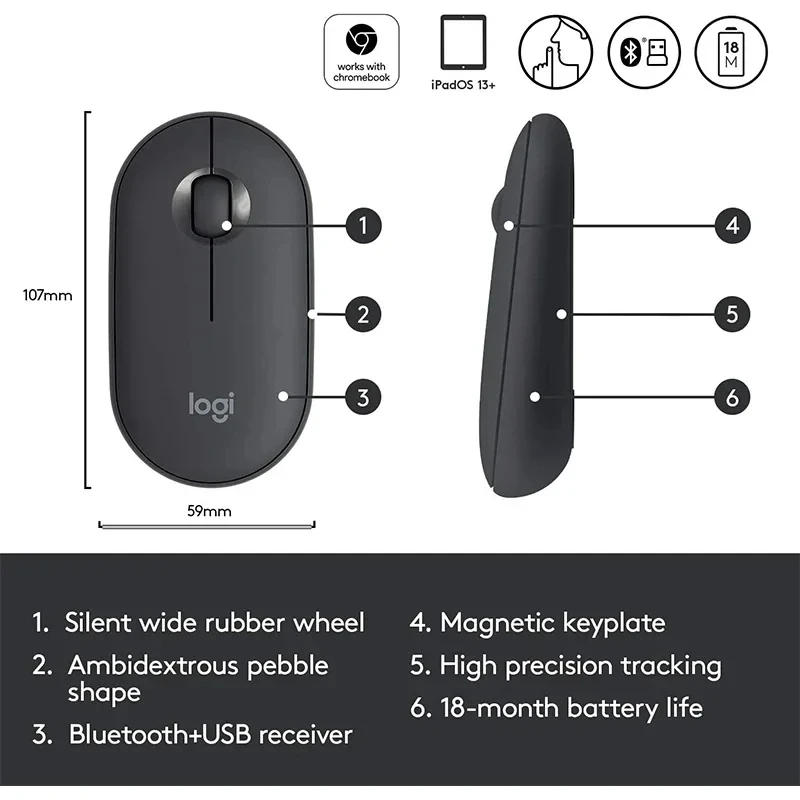 Ratón inalámbrico Bluetooth Logitech PEBBLE, ratón silencioso de modo Dual para oficina, ordenador portátil compacto para niñas, ratón para tableta Ipad, nuevo 100% - imagen 5