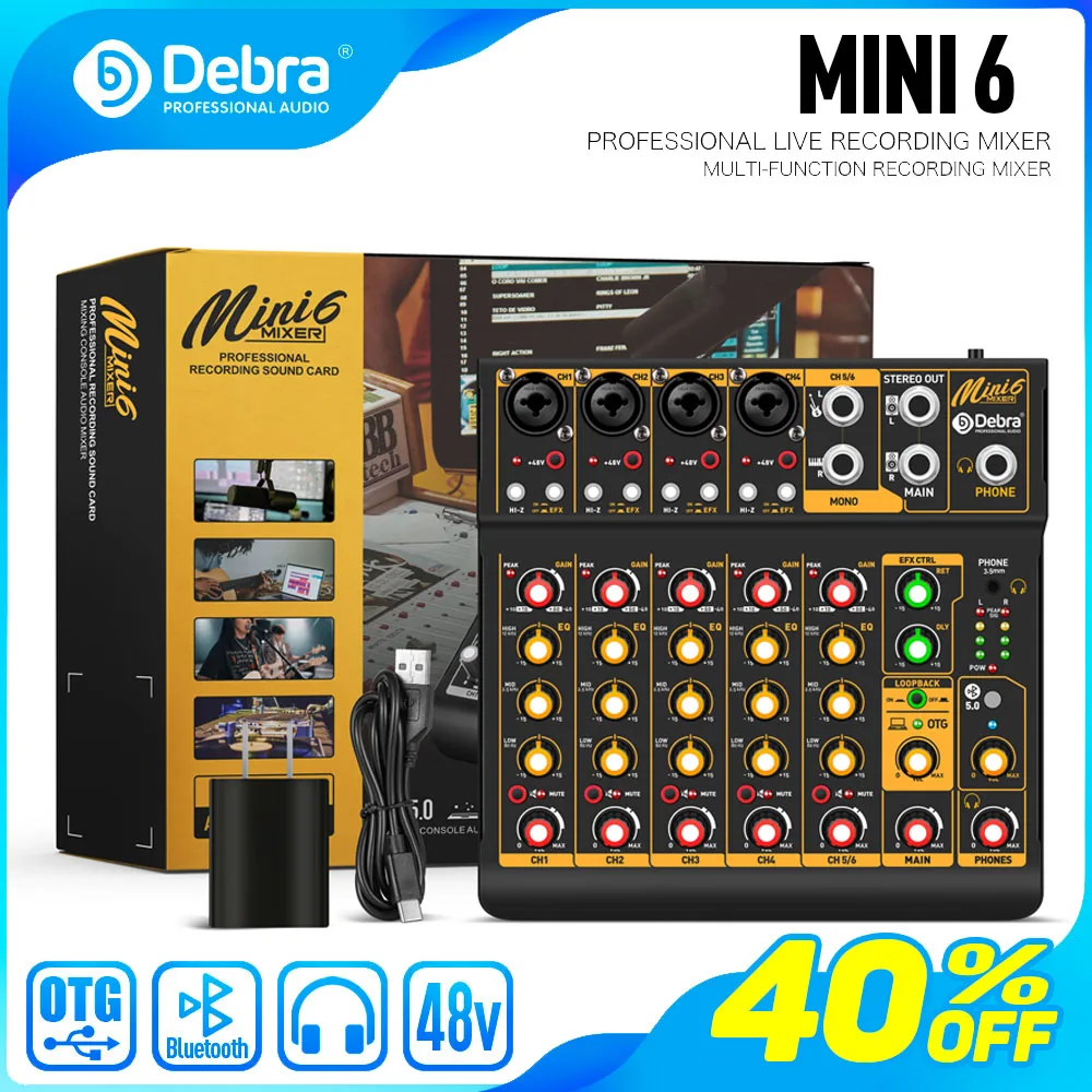 Mezclador de interfaz de Audio de Metal Debra Mini6 de 6 canales con efecto repetido de retardo Bluetooth OTG para consola mezcladora de sonido grabación de PC - imagen 2