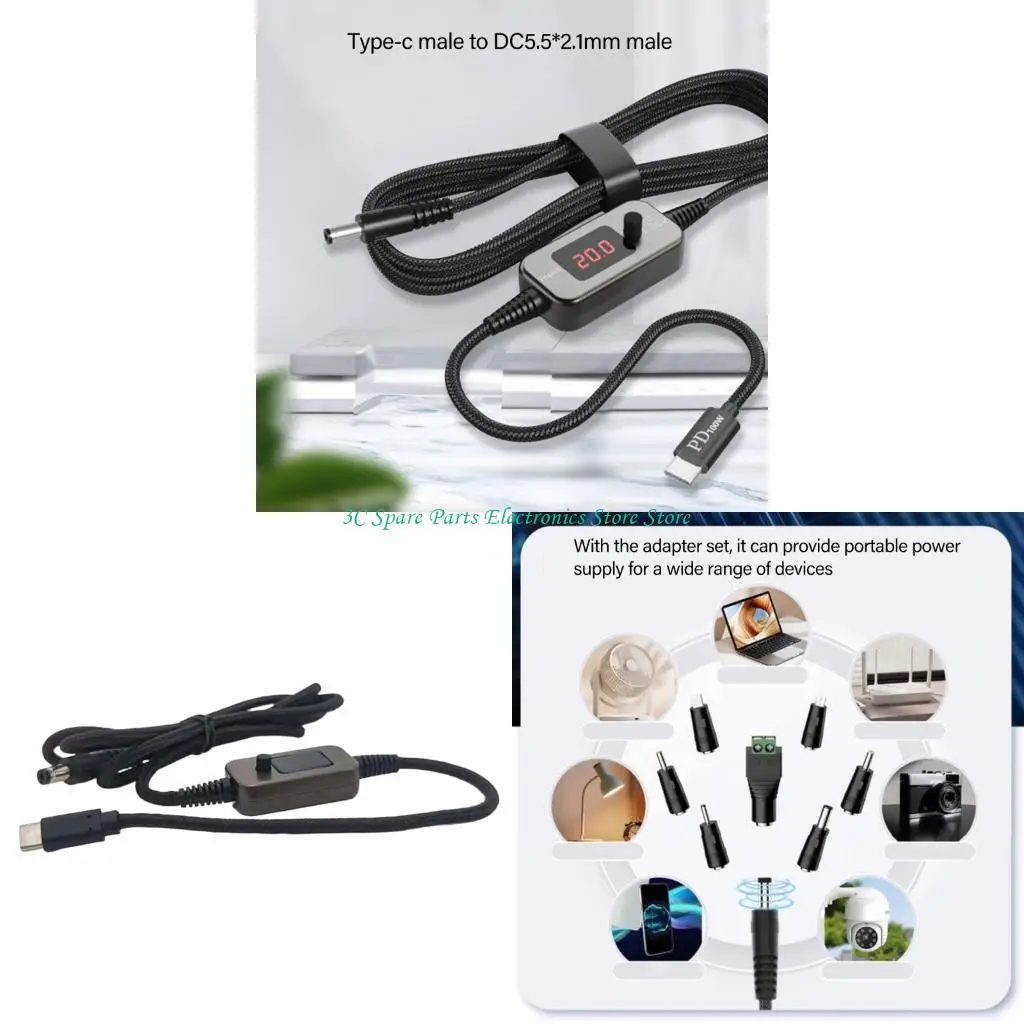 SZ PD100W USB C a DC5525 Cordón carga rápida 5V 9V 12V 15V 20V 5A Potencia ajustable