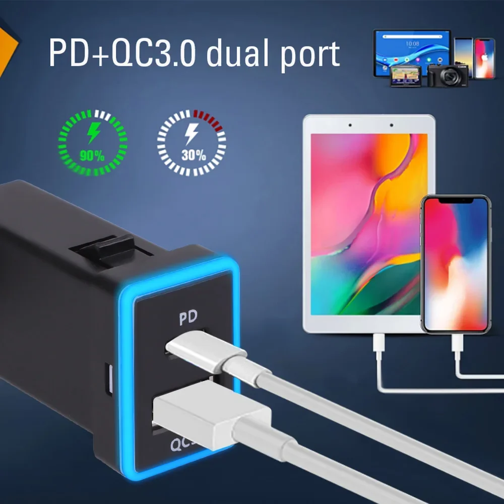 Cargador de coche USB C tipo C PD QC3.0, enchufe de cargador rápido USB Dual, adaptador de corriente de carga de teléfono de 12V para Toyota - imagen 4
