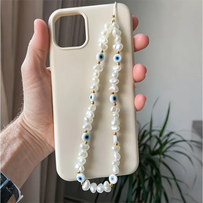 Abalorio para teléfono con perlas de mal de ojo único y elegante, colgante de cuentas irregulares hecho a mano con perlas de imitación coloridas para regalo de moda para mujer - imagen 5