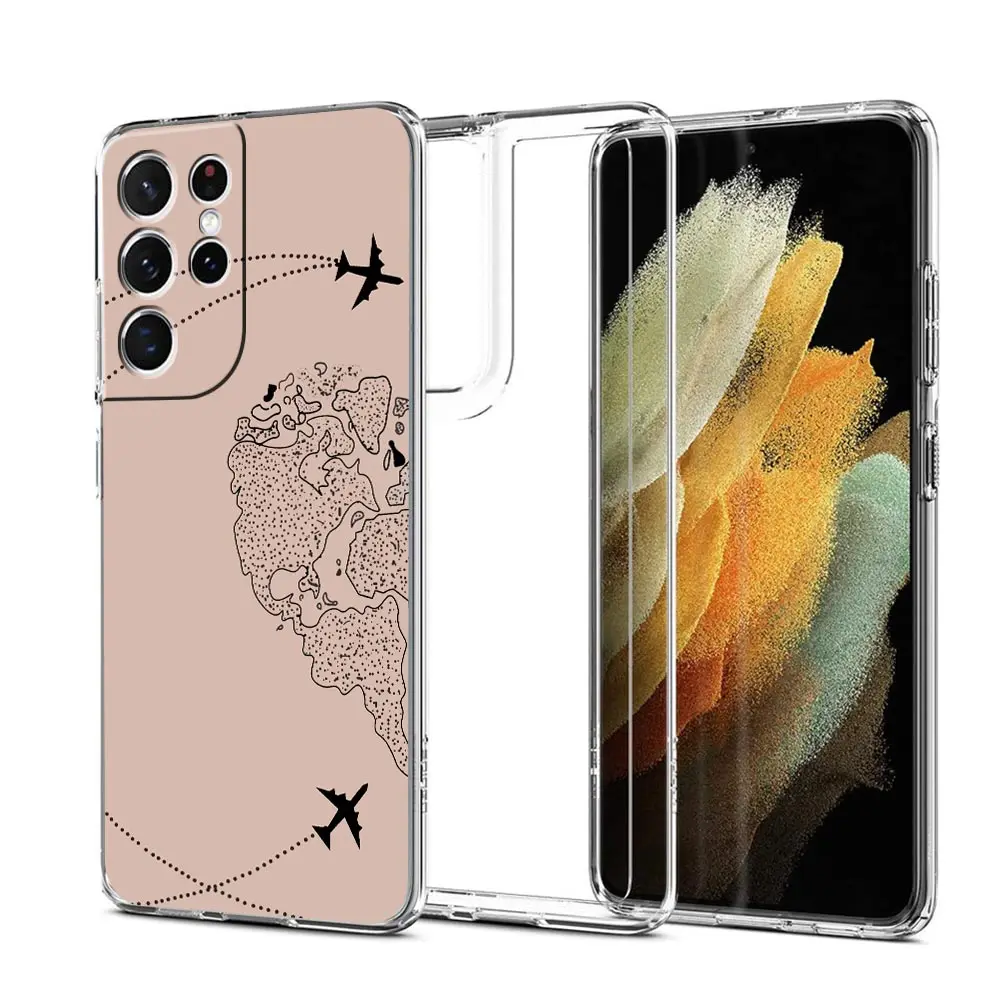 Funda de teléfono de viaje con mapa del mundo de aviones de moda para Samsung Galaxy S23 Ultra S22 5G S20 S21 FE 5G S10E S9 S8 S10 Plus, cubierta transparente - imagen 2