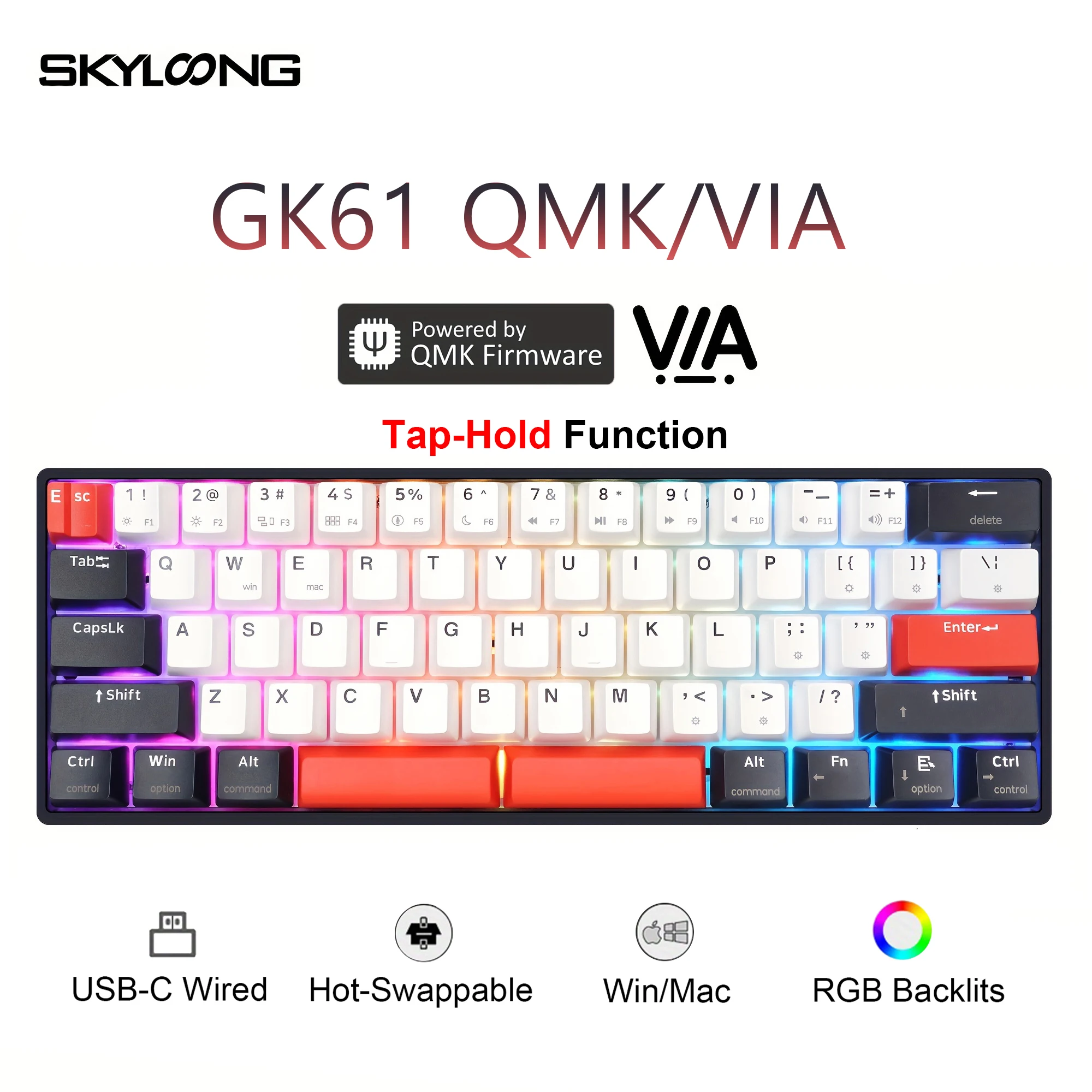 SKYLOONG GK61 QMK/VIA teclado con cable Diseño 60% interruptor mecánico táctil silencioso tecla de espacio dividido intercambiable en caliente Tecla PBT Teclado para juegos con retroiluminación RGB - imagen 2
