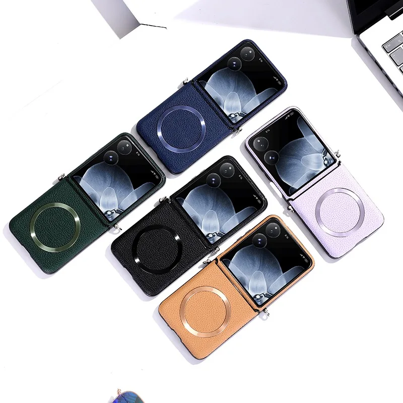 Funda magnética de eje medio para Xiaomi Mix Flip Buckle Link, funda de cuero de lujo con patrón de lichi, fundas antigolpes para MixFlip