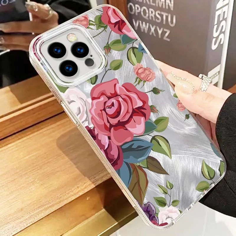 Patrón de rosa rosa para Apple iPhone 16 16E 15 14 13 12 11 8 XS X Pro Max funda de teléfono con textura de plumas - imagen 5