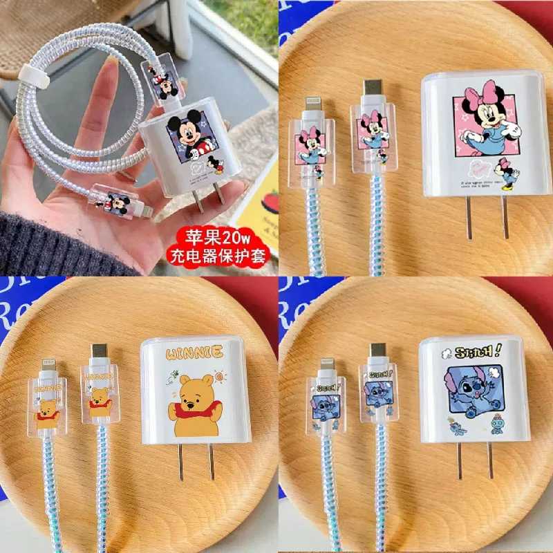 Juego de enrollador de cables de dibujos animados de Minnie Mickey para iPhone 15 14, carga rápida, enchufe de 18/20 W, protección del cargador de línea de datos