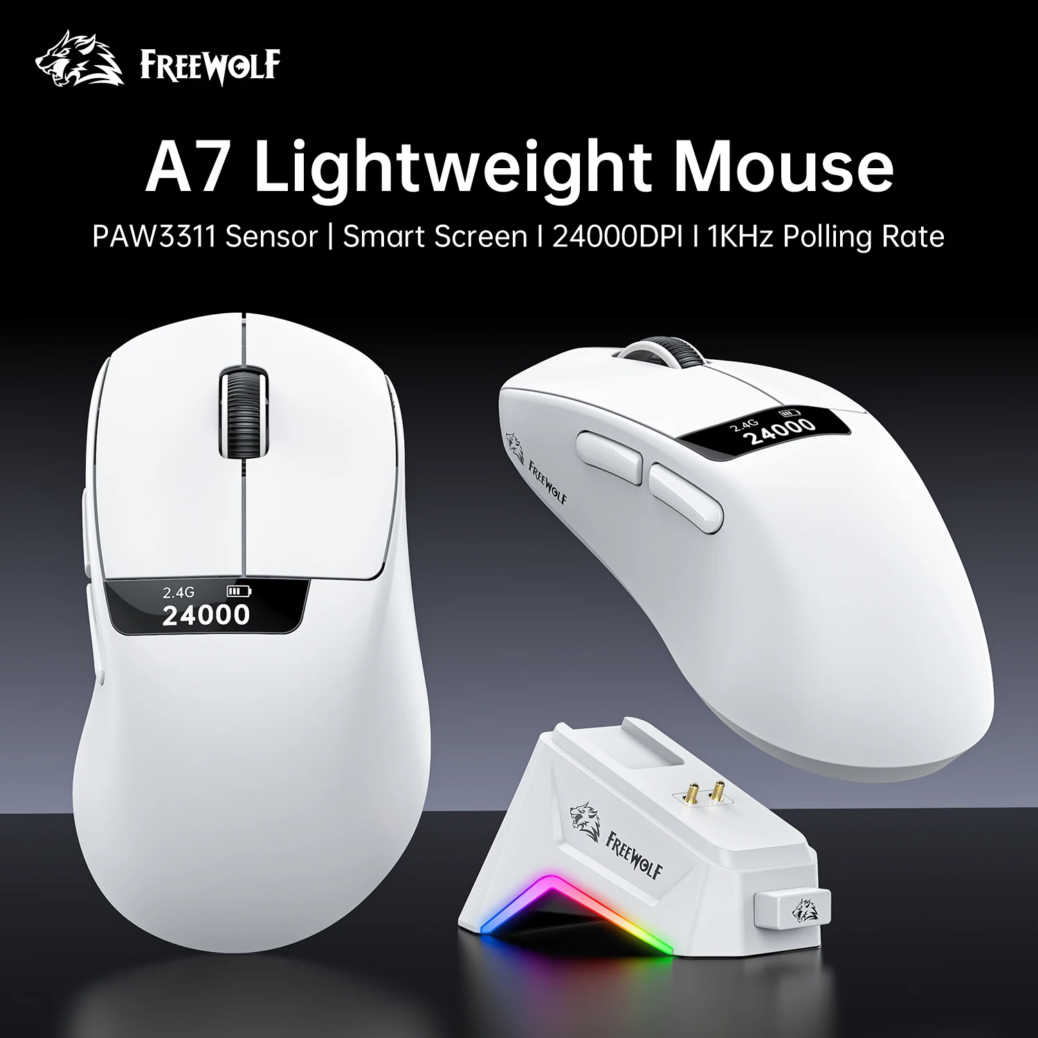 Ratón para juegos PAW3311 inalámbrico 1000Hz con pantalla, ratón para juegos con base de carga magnética FREEWOLF A7 24000DPI RGB para PC y portátiles - imagen 2