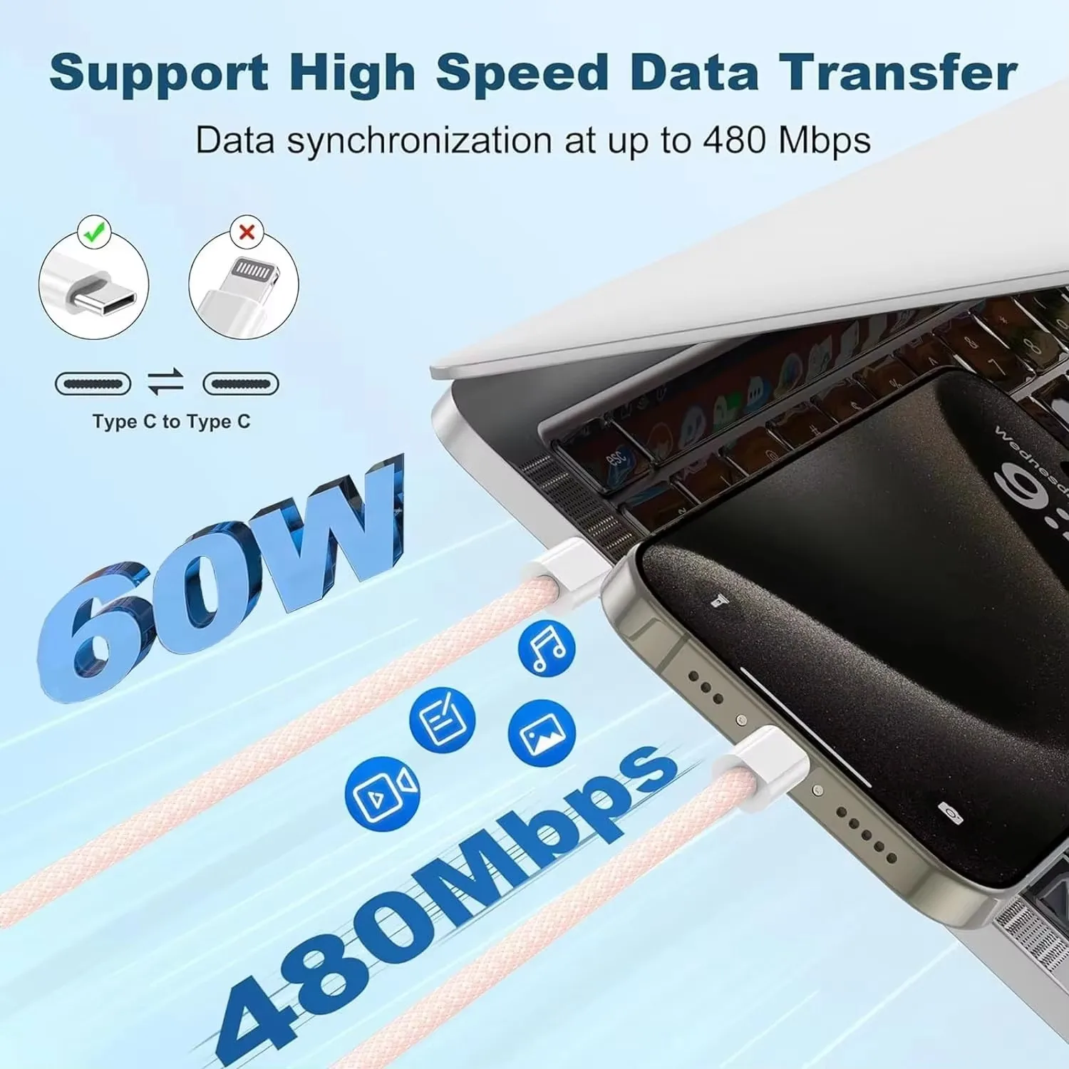 Cable de carga rápida PD USB-C a USB-C de 60W para iPhone 15 16 Pro Max 15 16 Plus 16e Samsung S23 S24 S25 A35 A36 A54 A55 A56 Moto H - imagen 5