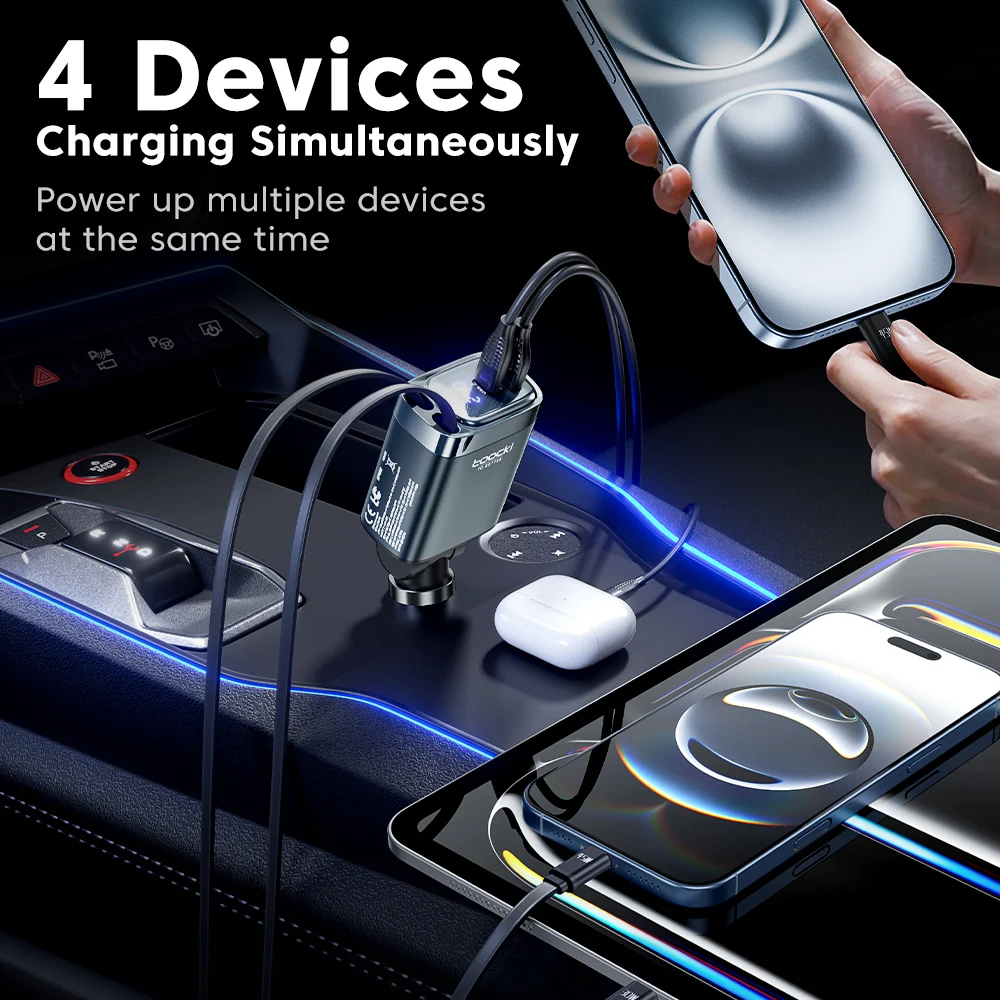 Toocki-cargador de coche de 105W, Cable retráctil USB C de 0,75m PD 45W QC 3,0 SCP SFC2.0 PPS, carga rápida para tableta Samsung iPhone 17 16 - imagen 5