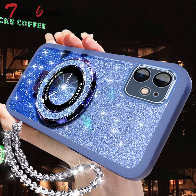 Funda de silicona con soporte Magsafe para iphone, carcasa con purpurina y cristal para modelos 16, 15, 14, 13, 12, 11 Pro, XS Max, XR, X, 8, 7 Plus, SE 2020 - imagen 4