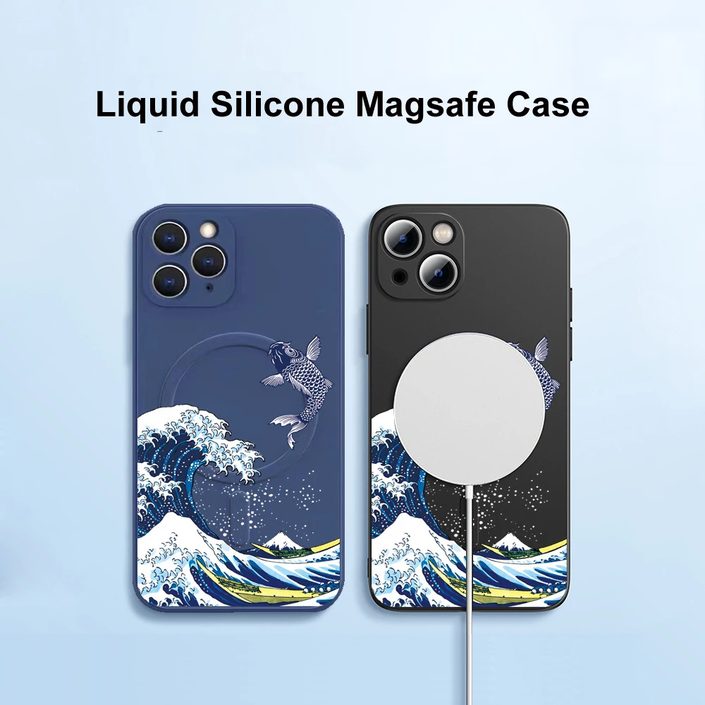 Funda Magsafe de silicona líquida para iPhone 16, 15, 14, 13, 12, Mini 11 Pro Max, XR, XS Plus, estampado de ondas de grulla de gato, Funda suave magnética - imagen 3