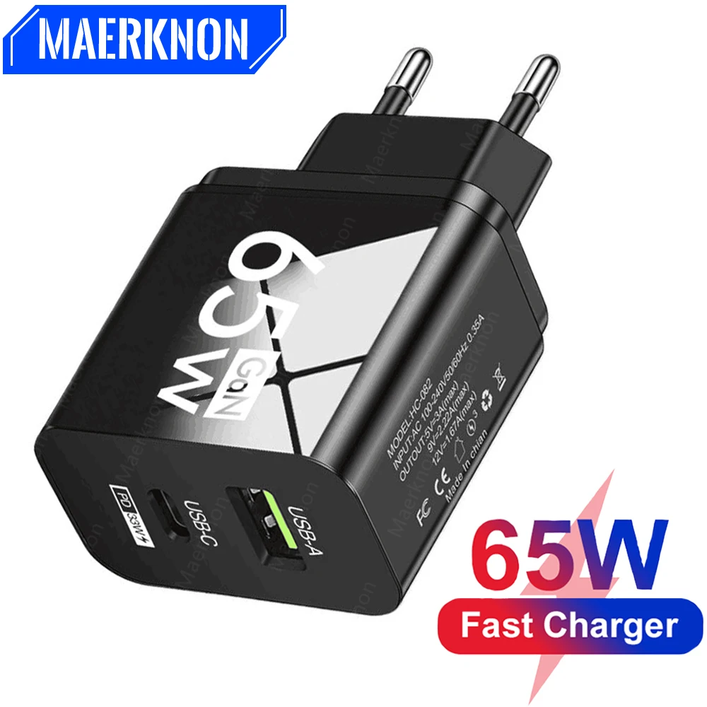 Cargador USB tipo C GaN Total de 65W PD, carga rápida, cargador de pared con enchufe UE/EE. UU. para iPhone, Xiaomi, Samsung, adaptador de cargador de teléfono móvil