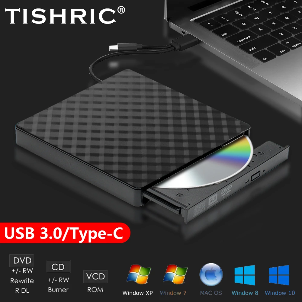 TISHRIC-Unidad óptica externa USB 3,0, Cable tipo C, lector de CD, DVD, reproductor de CD, DVD, RW ROM, Compatible con IMAC, ordenador portátil de escritorio