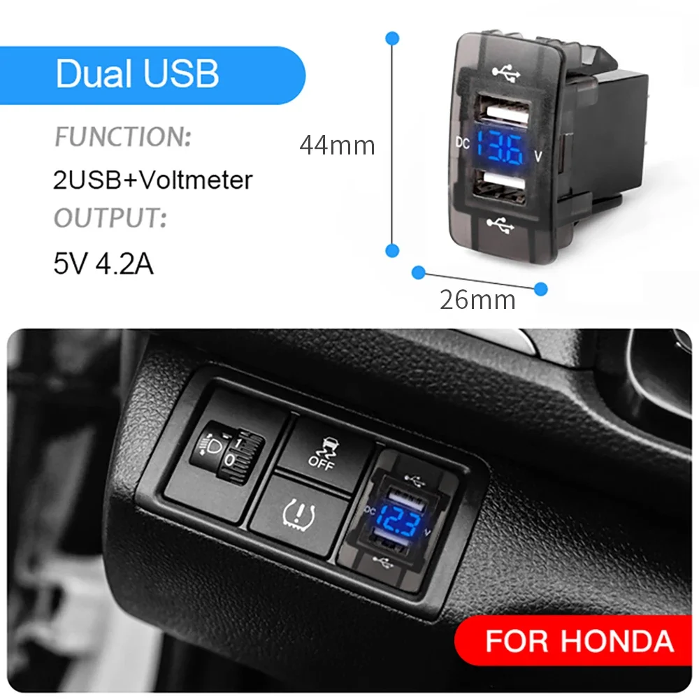 Cargador rápido de teléfono Toma de doble puerto 4.2A, 12V, 24V, con voltímetro LED, adaptador de enchufe incorporado USB para coche, cargador para Honda Crv CB500X - imagen 2