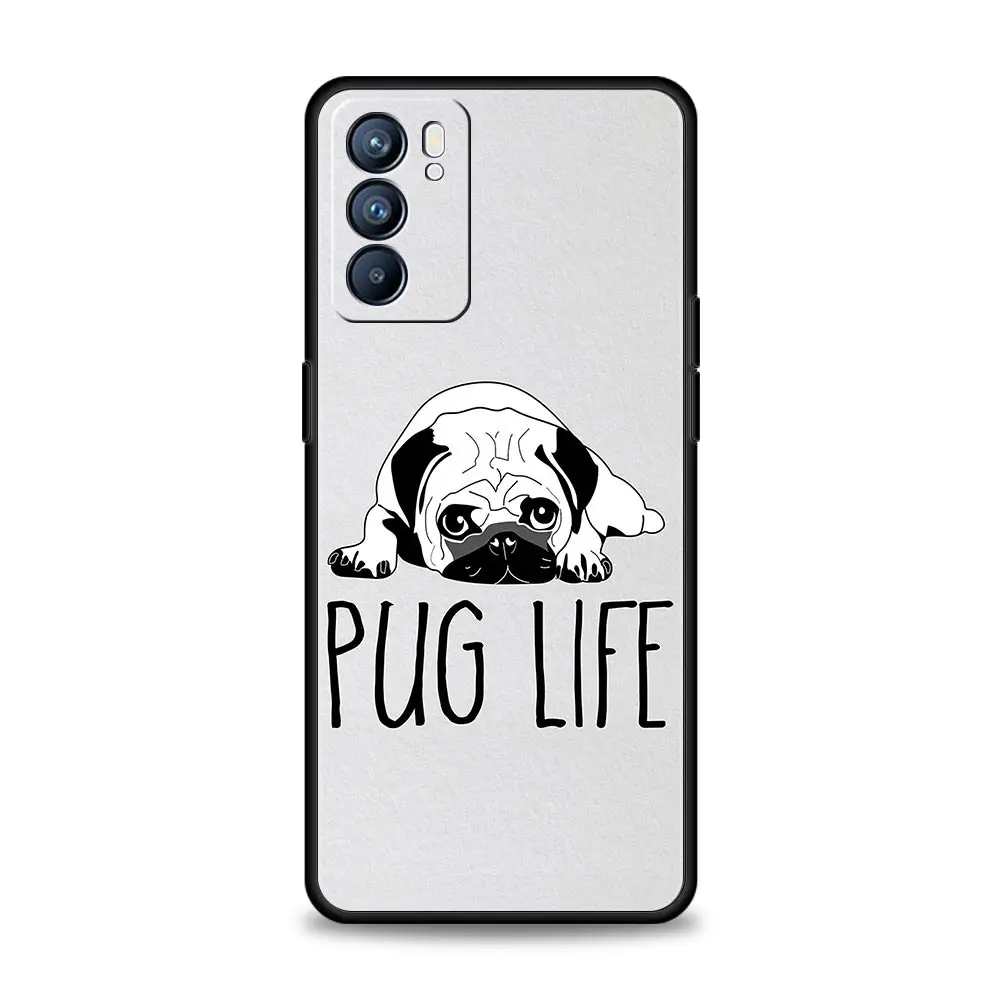 Funda de teléfono para Oppo Reno13 Reno12 Reno11 F Reno10 Pro A54 A53 A95 A76 A74 A57 A98 A80 A79 5G A78 4G cubierta negra Pug de primer plano - imagen 4